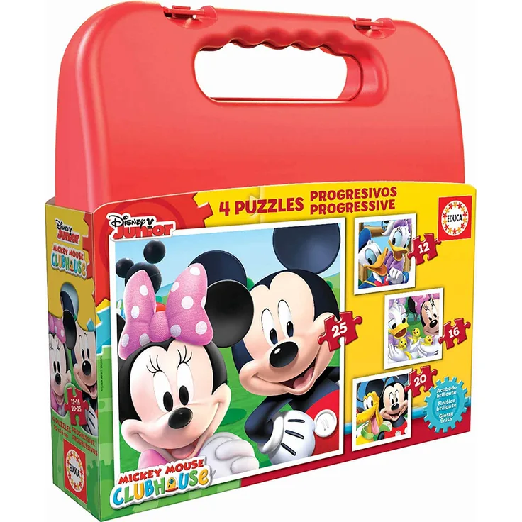 Educa 16505 - Koffer Progressive Puzzle, Mickey Mouse Club House, 4-er Set