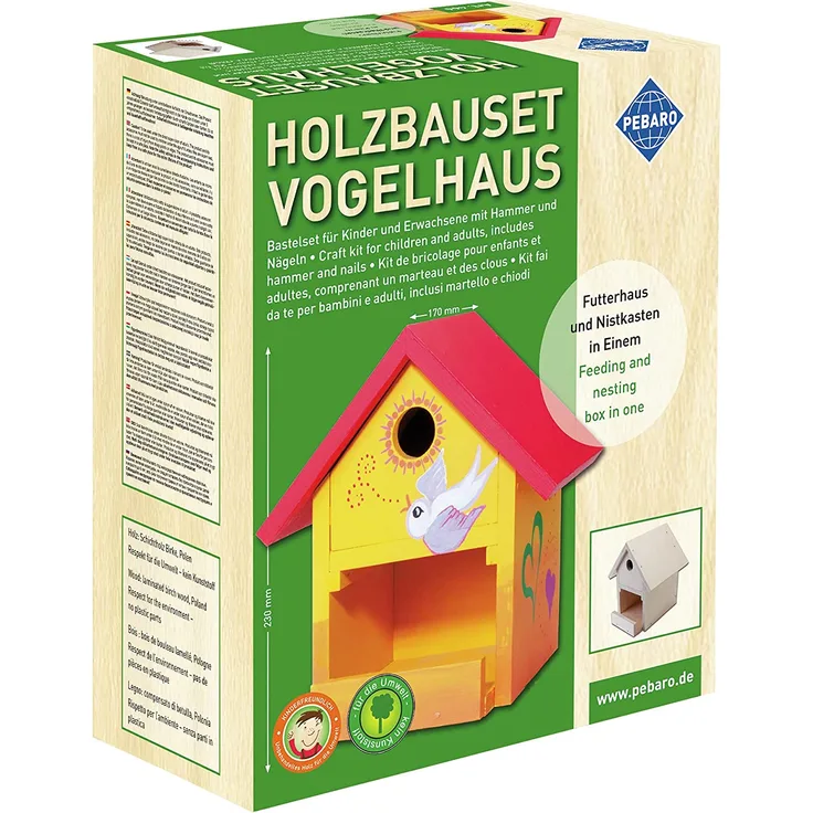 Pebaro 466 Holzbauset Vogelhaus mit 9 unbehandelten Birkenholzplatten, Hammer und Nägeln, perfekte Geschenkidee für Hobby-Handwerker - Preisvergleich