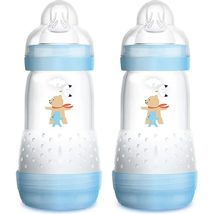 MAM Easy Start Anti-Colic A137 - patentiertes Anti-Kolik-System mit SkinsoftTM Silikonsauger, ultra-weich, für Babys ab 2 Monaten, selbststerilisierbar in 3 Minuten, blau, 260 ml, 2 Stück