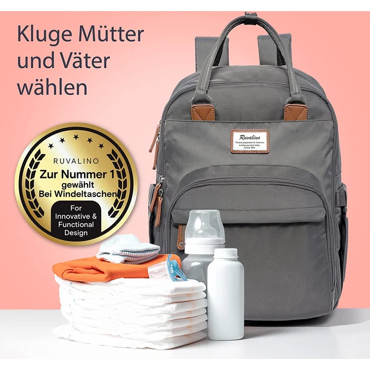 RUVALINO Wickeltasche Rucksack Großer Wickelrucksack mit multifunktionalen Babytaschen und mobiler Wickelauflage - Schnullerhalter - für Mama und Papa (Dunkelgrau), Einheitsgröße – Bild 8