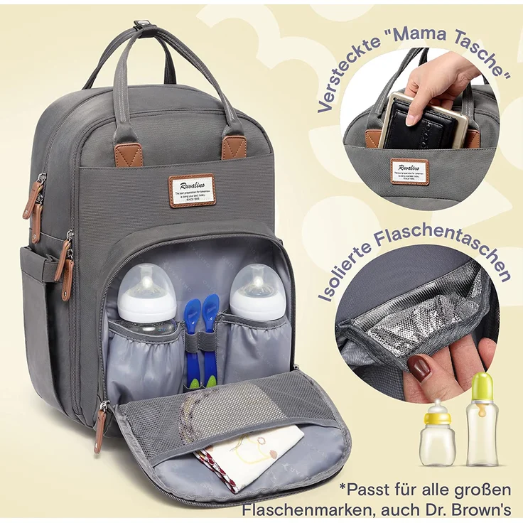 RUVALINO Wickeltasche Rucksack Großer Wickelrucksack mit multifunktionalen Babytaschen und mobiler Wickelauflage - Schnullerhalter - für Mama und Papa (Dunkelgrau), Einheitsgröße – Bild 2