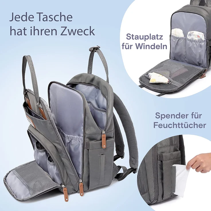 RUVALINO Wickeltasche Rucksack Großer Wickelrucksack mit multifunktionalen Babytaschen und mobiler Wickelauflage - Schnullerhalter - für Mama und Papa (Dunkelgrau), Einheitsgröße – Bild 3
