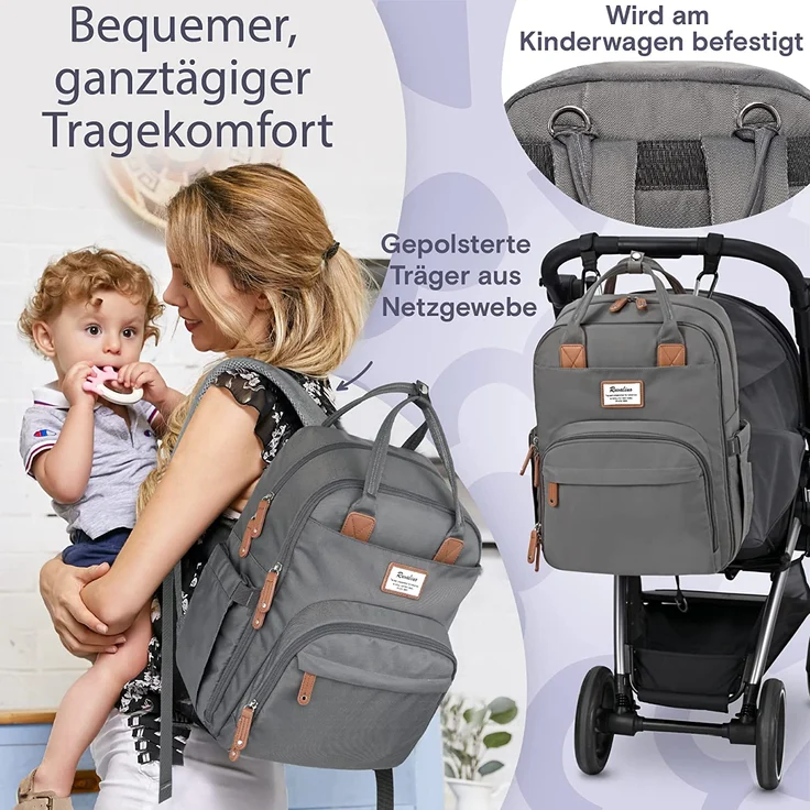 RUVALINO Wickeltasche Rucksack Großer Wickelrucksack mit multifunktionalen Babytaschen und mobiler Wickelauflage - Schnullerhalter - für Mama und Papa (Dunkelgrau), Einheitsgröße – Bild 6