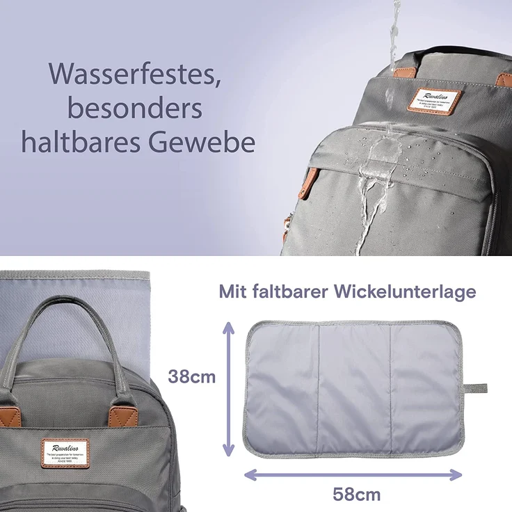 RUVALINO Wickeltasche Rucksack Großer Wickelrucksack mit multifunktionalen Babytaschen und mobiler Wickelauflage - Schnullerhalter - für Mama und Papa (Dunkelgrau), Einheitsgröße – Bild 7