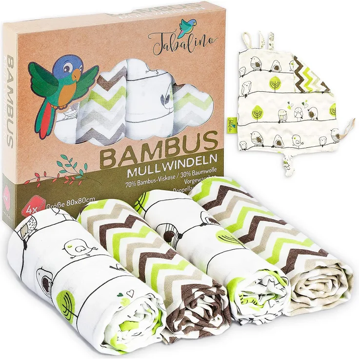 Tabalino Kuschelweiche Bambus Mullwindeln Spucktücher | 80x80cm | 4er-Pack + gratis Schmusetuch |doppelt dicht gewebt| Stoffwindeln Baby Junge & Mädchen Mulltücher Moltontuch 30% Baumwolle