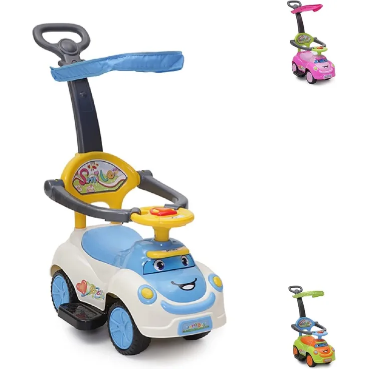 Moni Rutschauto Smile 3 in 1, Schubstange, Sonnendach, Fußstützen, Sicherheitsbügel blau
