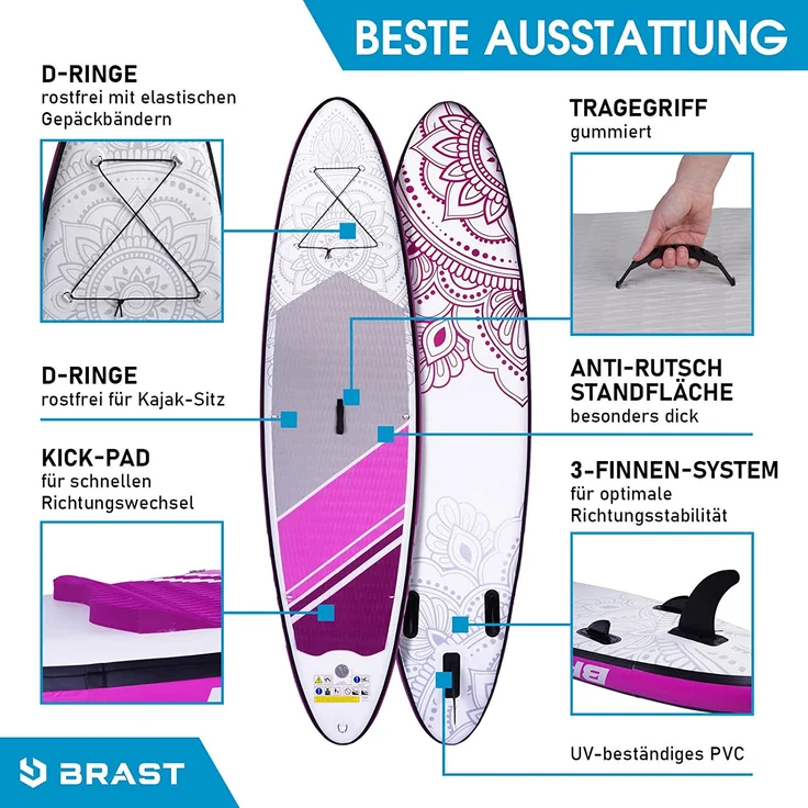 BRAST SUP Board Lady Aufblasbares Stand up Paddle Set für Frauen 300cm Flower incl. Zubehör Fußschlaufe Paddel Pumpe Rucksack - Preisvergleich – Bild 5