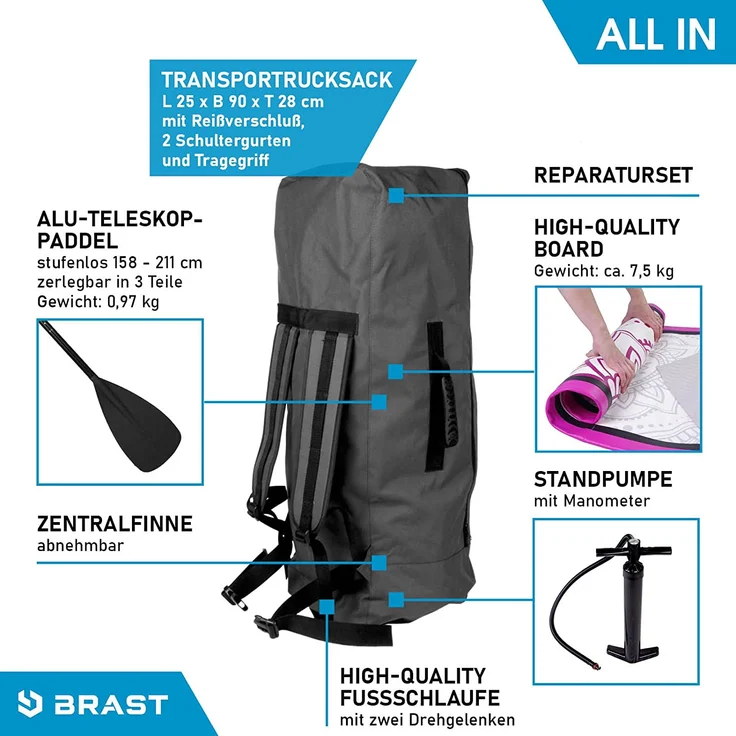 BRAST SUP Board Lady Aufblasbares Stand up Paddle Set für Frauen 300cm Flower incl. Zubehör Fußschlaufe Paddel Pumpe Rucksack - Preisvergleich – Bild 8