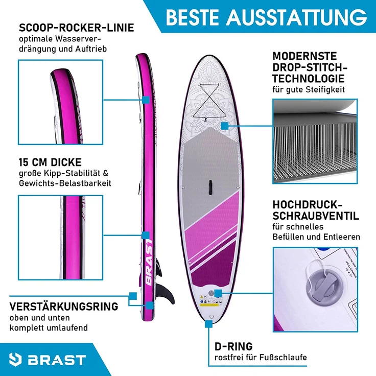 BRAST SUP Board Lady Aufblasbares Stand up Paddle Set für Frauen 300cm Flower incl. Zubehör Fußschlaufe Paddel Pumpe Rucksack - Preisvergleich – Bild 4