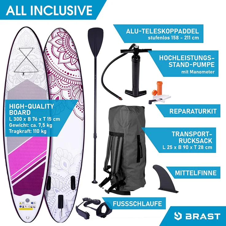 BRAST SUP Board Lady Aufblasbares Stand up Paddle Set für Frauen 300cm Flower incl. Zubehör Fußschlaufe Paddel Pumpe Rucksack - Preisvergleich – Bild 9