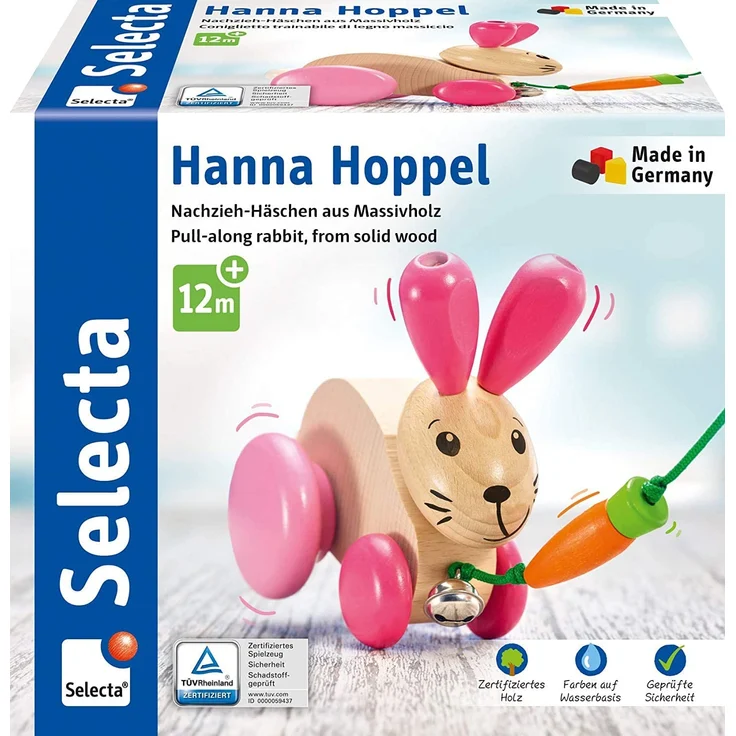 Selecta 62023 Hanna Hoppel, Nachzieh Hase, Schiebe-und Nachziehspielzeug aus Holz, 13 cm – Bild 1