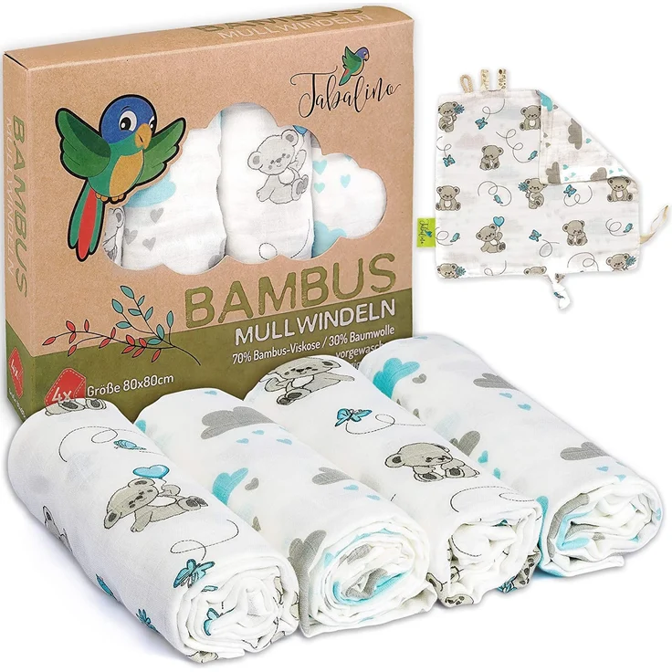 Tabalino Kuschelweiche Bambus Mullwindeln Spucktücher | 80x80cm | 4er-Pack + gratis Schmusetuch |doppelt dicht gewebt| Stoffwindeln Baby Junge & Mädchen Mulltücher Moltontuch 30% Baumwolle – Bild 1