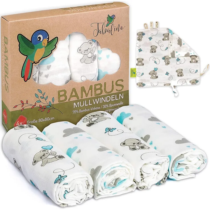 Tabalino Kuschelweiche Bambus Mullwindeln Spucktücher | 80x80cm | 4er-Pack + gratis Schmusetuch |doppelt dicht gewebt| Stoffwindeln Baby Junge & Mädchen Mulltücher Moltontuch 30% Baumwolle