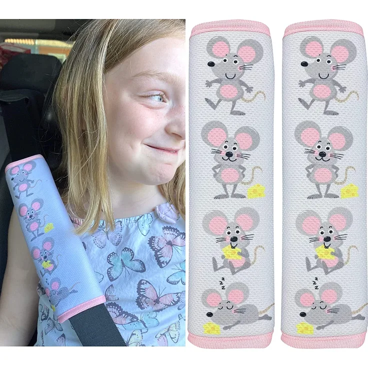 HECKBO® 2x Auto Gurtschutz mit niedlichem Maus Motiv - Sicherheitsgurt Schulterpolster Schulterkissen Gurtschoner Autositze Gurtpolster für Kinder, Mädchen - Schutz vor Gurt Einschneiden