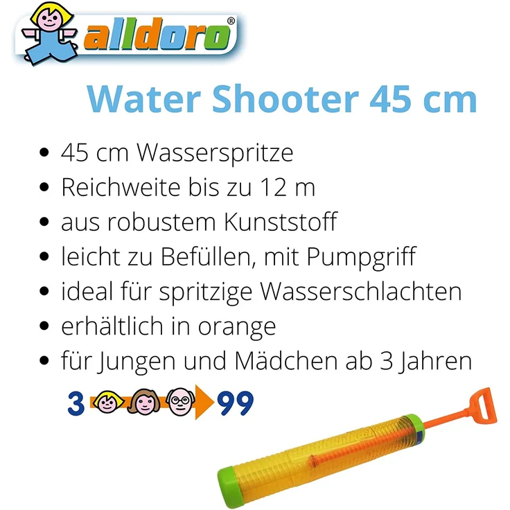 alldoro 60111 Water Shooter, Wasserspritze ca. 45 cm lang, schießt bis zu 12 m weit, Orange – Bild 4
