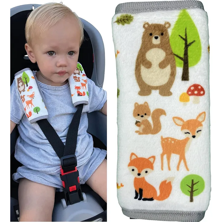 2x HECKBO Baby Kinderwagen Trageschale Gurtschutz mit Waldtieren - Sicherheitsgurt Schulterpolster Schulterkissen Gurtschoner Autositze Gurtpolster für Kinder, Jungen, Jungs, Mädchen, Babys
