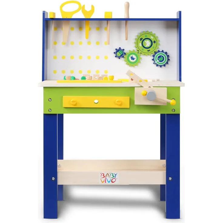 Baby Vivo Spielwerkbank / Werkbank für Kinder aus Holz - Luigi mit drehbaren Zahnrädern und 29 Teilen Zubehör