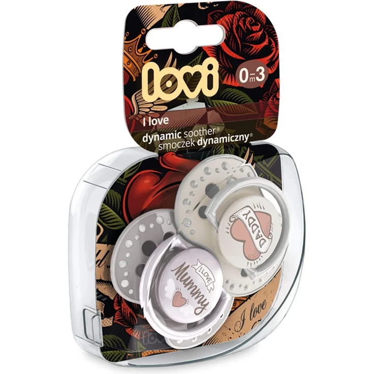 LOVI Schnuller 0-3 Monate, Silikon, BPA-frei, Hygieneschutzhülle, I Love Kollektion, 2 Stück – Bild 3