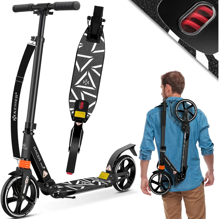 KESSER® Cityroller Scooter 205mm Räder PU Big Wheel - Pro-S Tretroller mit Doppel Federung, City-Roller Scooter klappbar und Höhenverstellbar, Roller Kickscooter für Erwachsene und Kinder Schwarz – Bild 1