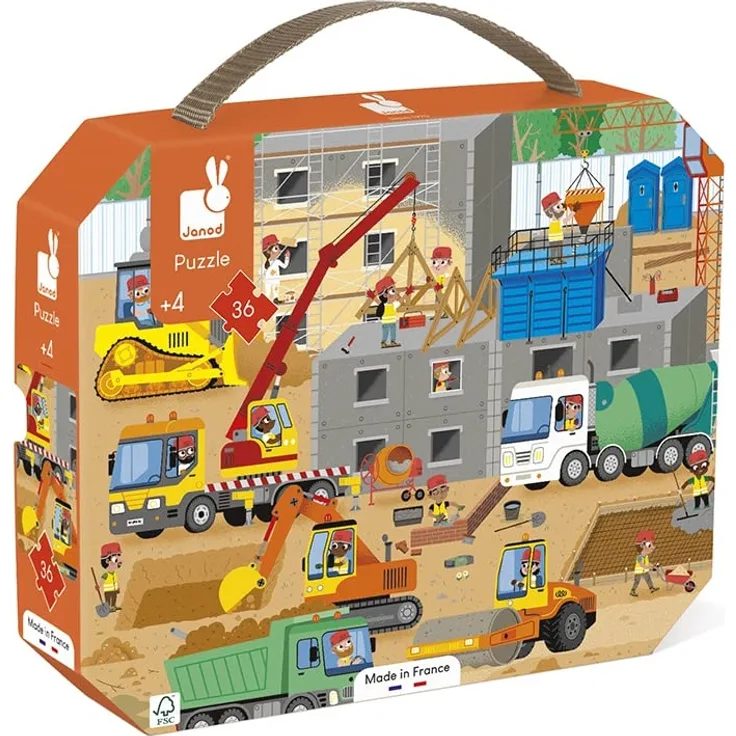 Janod - Kinderpuzzle Die Baustelle 36 Teile - Lernspiel Feinmotorik und Konzentration - Koffer mit Griff -Ab 4 Jahren, J02604