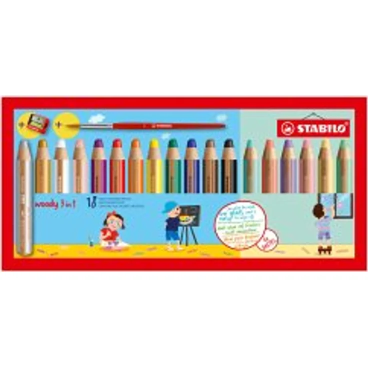 Buntstift, Wasserfarbe & Wachsmalkreide - STABILO woody 3 in 1 - 18er Pack mit Spitzer und Pinsel - mit 12 Standard und 6 Pastellfarben – Bild 1