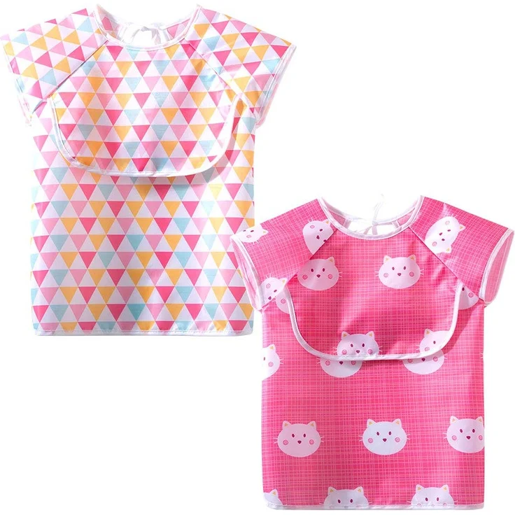 Little Dimsum Baby Lätzchen mit Kurzen Ärmeln 2 Stück, Wasserdichte Lätzchen mit Auffangtasche für Babys und Kleinkinder Kinder von 6-36 Monate