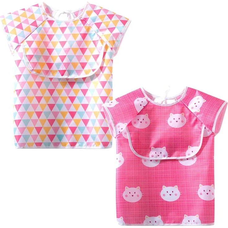 Little Dimsum Baby Lätzchen mit Kurzen Ärmeln 2 Stück, Wasserdichte Lätzchen mit Auffangtasche für Babys und Kleinkinder Kinder von 6-36 Monate