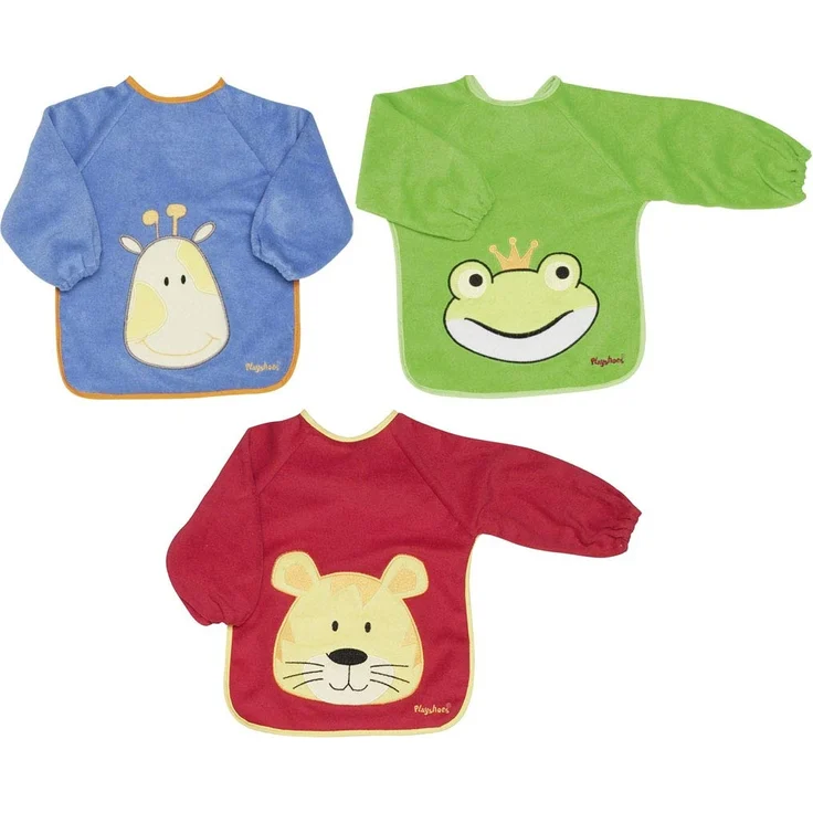 3 Stk. Playshoes Lätzchen mit Ärmel in blau, rot und grün