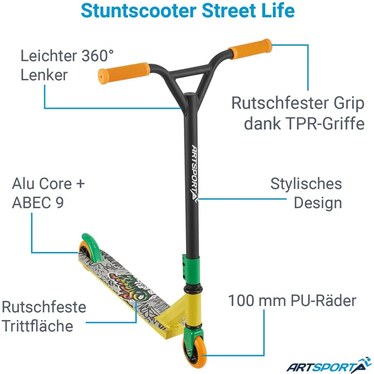 ArtSport 24635 'Stunt Scooter Street Life', ab 6 Jahren, 360° Lenker, 100 mm Alu Räder, max. belastbar bis 100 kg, schwarz/gelb – Bild 6