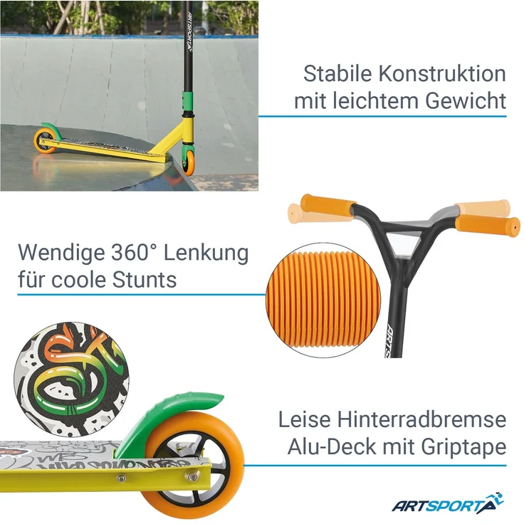 ArtSport 24635 'Stunt Scooter Street Life', ab 6 Jahren, 360° Lenker, 100 mm Alu Räder, max. belastbar bis 100 kg, schwarz/gelb – Bild 7
