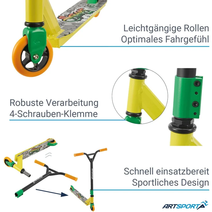 ArtSport 24635 'Stunt Scooter Street Life', ab 6 Jahren, 360° Lenker, 100 mm Alu Räder, max. belastbar bis 100 kg, schwarz/gelb – Bild 8
