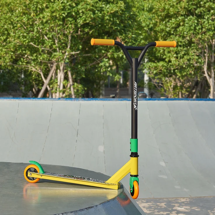 ArtSport 24635 'Stunt Scooter Street Life', ab 6 Jahren, 360° Lenker, 100 mm Alu Räder, max. belastbar bis 100 kg, schwarz/gelb – Bild 10