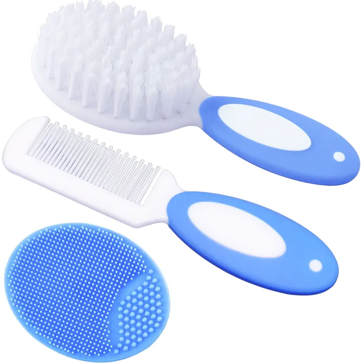 Baby-Haarbürste, Wiegenhut-Bürste, Baby-Haarkamm, Baby-Haarbürste und Kamm-Set für Neugeborene & Kleinkinder, Baby-Bürste mit weichen Borsten, ideal für Wiegenhut, perfektes Baby-Liste-Geschenk (Blau)