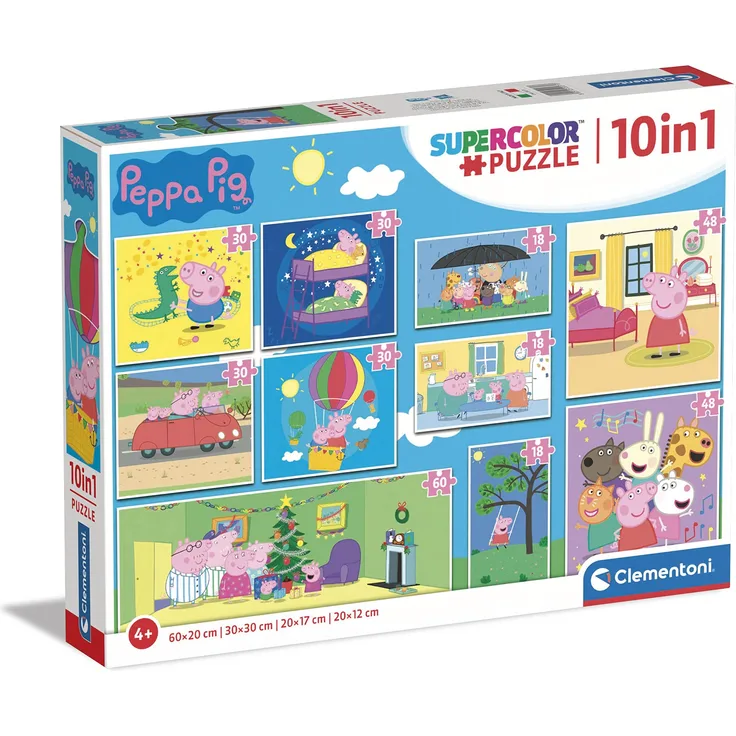 Clementoni 20271 Supercolor 10 In 1 Peppa Pig-Kinderpuzzle 10 in 1 (3x18, 4x30, 2x48 und 1x60 Teilen) -Puzzle Für Kinder Ab 4 Jahren, Made In Italy, Mehrfarbig, Medium