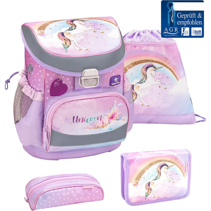 Mini-Fit Rainbow Unicorn Schulranzen Set 4 tlg. mit Brustgurt für Mädchen – Bild 1