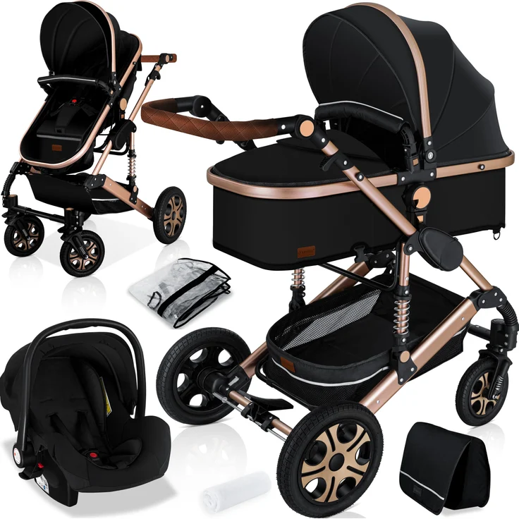 KESSER Loops 3 in 1 Kinderwagen Kombikinderwagen Komplettset incl.  Babywanne & Buggy Sportsitz & Auto-Babyschale - Voll-Gummireifen -  Wickeltasche/Regenschutz/Kindertisch Set Schwarz / Champagne: Tests, Infos  & Preisvergleich
