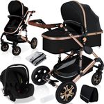 KESSER® Loops 3 in 1 Kinderwagen Kombikinderwagen Komplettset incl. Babywanne & Buggy Sportsitz & Auto-Babyschale - Voll-Gummireifen - Wickeltasche/Regenschutz/Kindertisch Set Schwarz / Champagne