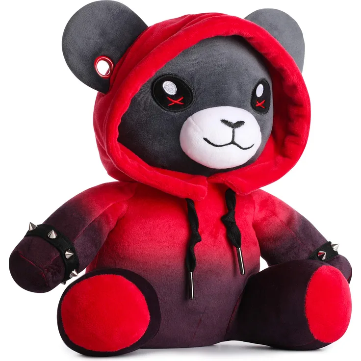 corimori Plüschtier Ember der Punk-Bär Teddy Gothic mit Hoodie, Tunneln und Stickerei, 28cm, schwarz / rot
