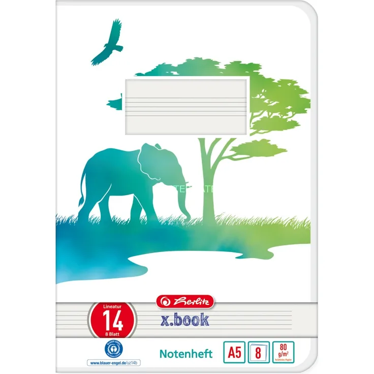 Herlitz Notenheft A5 8 Blatt Lineatur 14 GREENline Elefant Heft