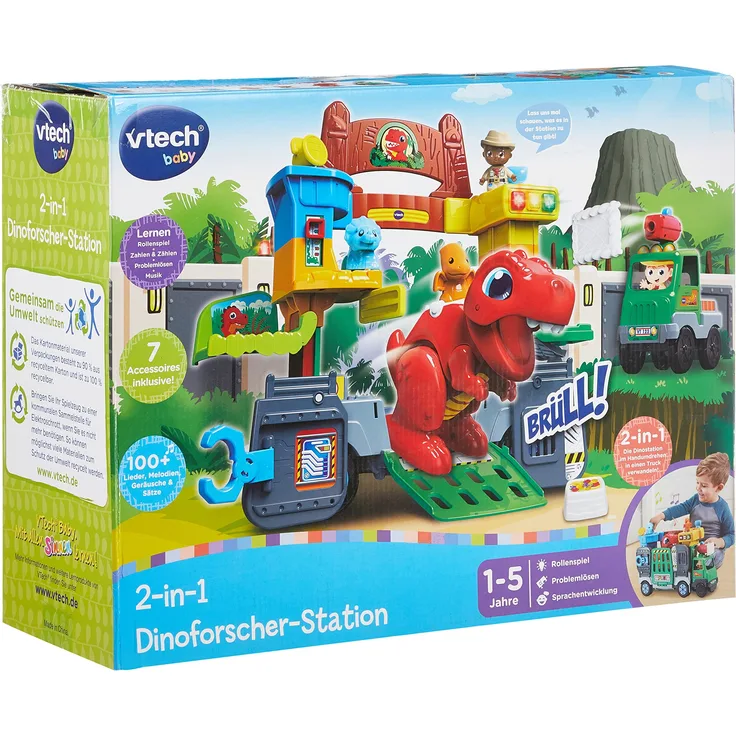 VTech Baby 2-in-1 Dinoforscher-Station – Großes Fahrzeug und Dino-Spielset in einem mit vielen Figuren, Musik, und Lernsätzen – Für Kinder von 1-5 Jahren