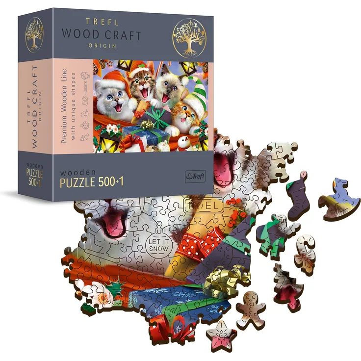 Trefl 20172 500+1 Teile, Wood Craft, Holzbastelei, unregelmäßige Formen, 50 Weihnachtsfiguren, modernes Premium-Puzzle, DIY, Spaß für Erwachsene und Kinder ab 12, Weihnachtskätzchen