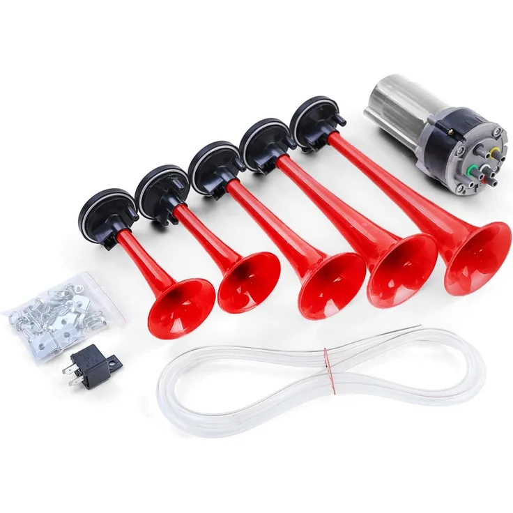 5 Klang Fanfare Hupe La Cucaracha Melodie mit Kompressor Rot 118dB 12 Volt