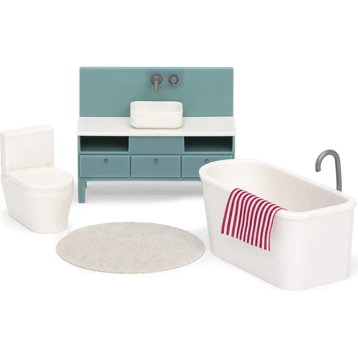 Lundby Puppenhaus Badezimmer Möbel - 5 teilig - Miniatur Toilette, Waschbecken, Teppich und Miniatur Badewanne - Toilette Puppenhaus Möbel Set - Puppenmöbel Puppenhaus Zubehör - 11cm Puppen 1:18