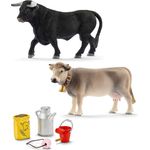 Schleich Farm World 13874 'Braunvieh Kuh' + 13875 'Schwarzer Stier' + 42291 'Futter für Kuh und Kälbchen' Spielfiguren
