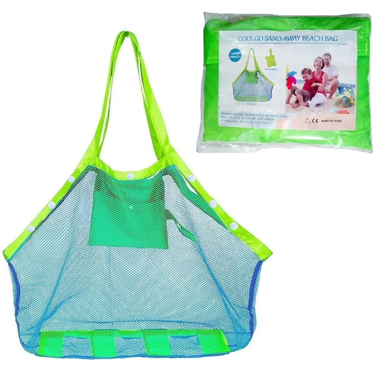 COOLGOEU Strandtasche Strandspielzeug Tasche XXL Groß für Sandspielzeug Wasserspielzeug für Kinder Aufräumsack Spielsack Badetasche Beachbag Faltbar für Familie Urlaub (Blau Mesh/Grün Strap)
