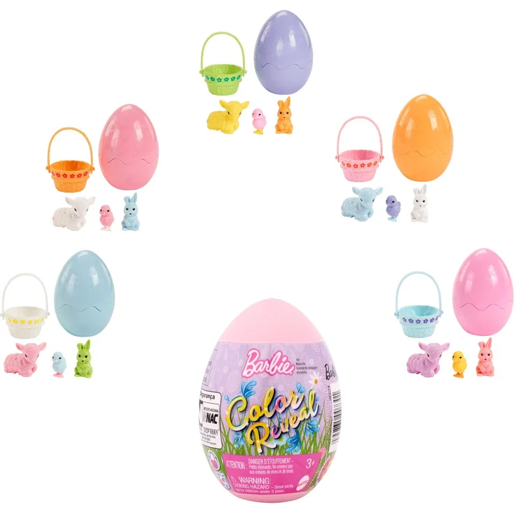 Barbie HCC74 - Color Reveal Tierfreund mit 6 Überraschungen: Osterei-Behälter mit metallisch-blauem Lämmchen, 3 Überraschungstüten mit 2 Minitieren & einem Osterkorb, Geschenk für Kinder ab 3 Jahren, 1x Stück, zufällige Farbauswahl