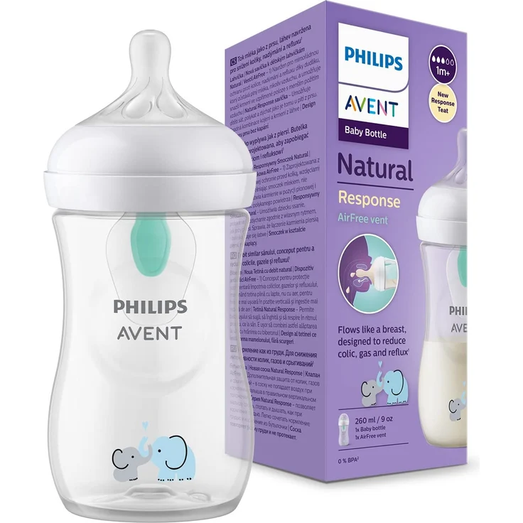 Philips Avent Natural Response Babyflaschen – Babyflaschen mit AirFree Ventil, 260 ml, BPA-frei, für Neugeborene ab 1 Monat, Elefantenmotiv (Modell SCY673/81) – Bild 1
