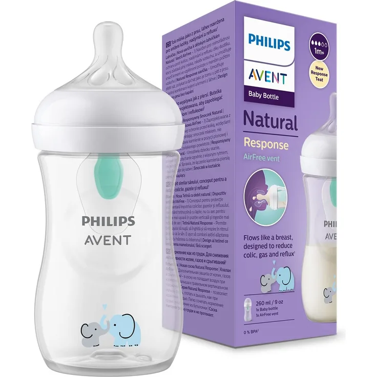 Philips Avent Natural Response Babyflaschen – Babyflaschen mit AirFree Ventil, 260 ml, BPA-frei, für Neugeborene ab 1 Monat, Elefantenmotiv (Modell SCY673/81)