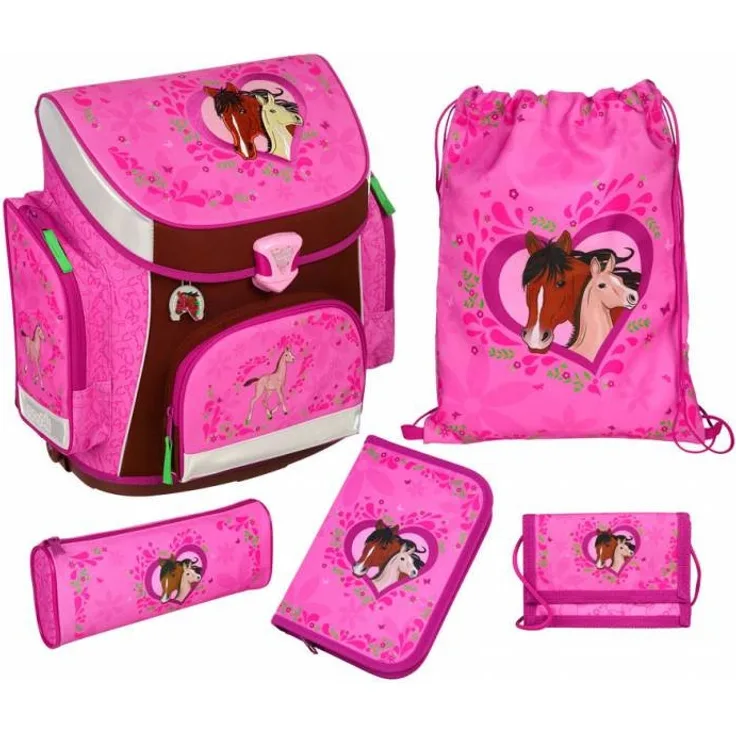 Undercover Schulrucksack-Set 5tlg. Campus - Motiv: Horse, 40 cm, 18 Liter, 1 kg - Farbe: pink,braun, mit reflektierenden Elementen