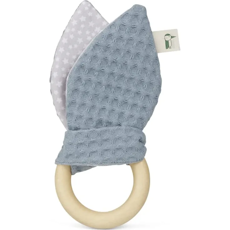 GRÜNSPECHT Greifring mit Stoffohren, Holzring mit waschbaren Stoffohren aus 100 % Baumwolle, für Greifsinn & Tastsinn, Geschenk Spielzeug Baby, petrol (571-V3)